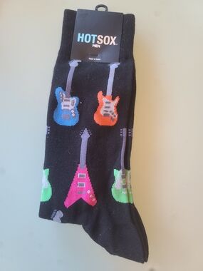 Hot Sox Men’s Black Crew Socks with Colorful Guitar Motifs